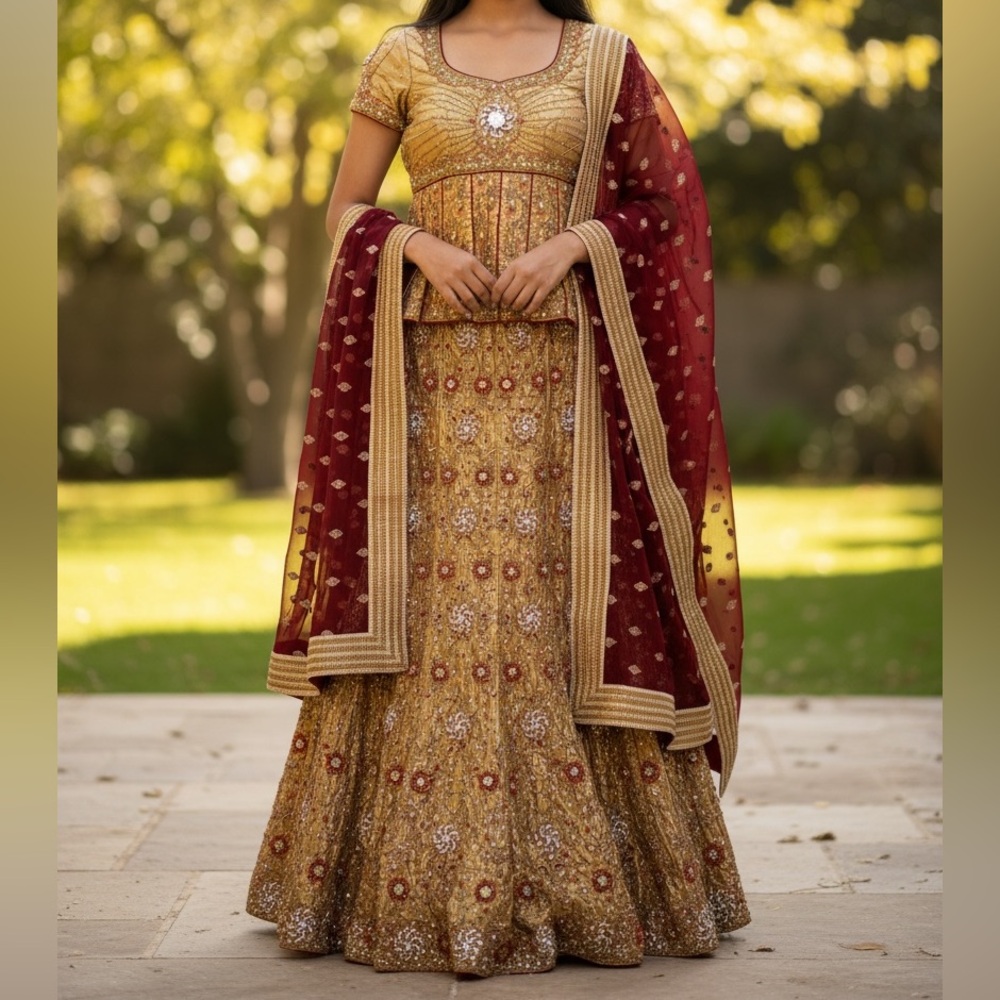 Elegant Gold Embroidered bridal Lehnga